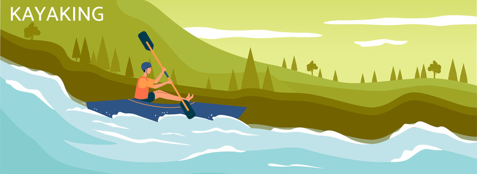 Boat and sportsman character on river background, flat vector illustration.