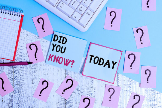 Conceptual hand writing showing Did You Know Question. Concept meaning Fun Facts and Figures Information General Knowledge Writing tools and scribbled paper on top of the wooden table