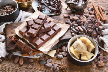 Cacao beans, powder, cacao butter,  chocolate bar and chocolate sauce