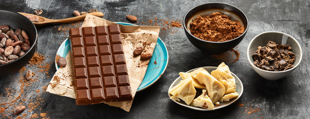 Cacao beans, powder, cacao butter  and chocolate bar