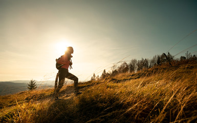 Hiker young woman with backpack rises to the mountain top on mountains landscape background