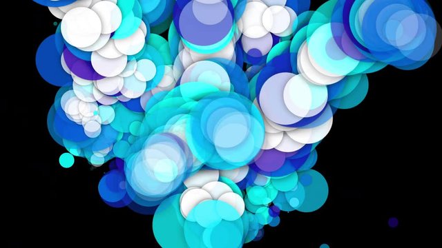 Fun retro pop colorful background of blue, turquoise and white confetti circles in animation on a black background