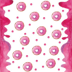 Background of pink watercolor stains and donuts on white. Use for invitations, menus, birthdays.