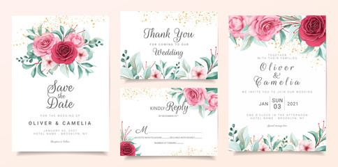 Botanic wedding invitation card template set with burgundy and peach watercolor flowers. Abstract background of floral and glitter decor save the date, invitation, greeting card, multi-purpose vector