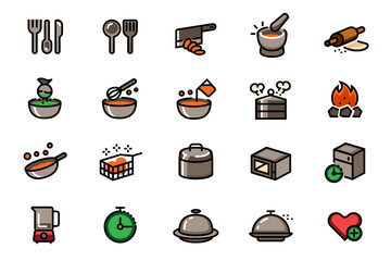 Different cooking with kitchenware in outline color icon style.