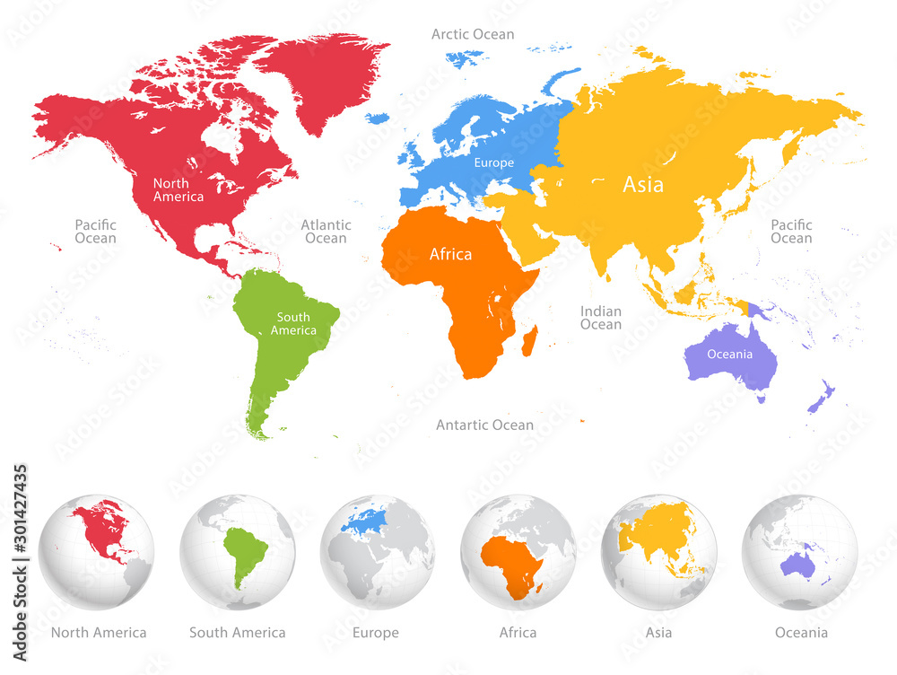 Sticker world map divided into six continents. each continent in different color. simple flat vector illustr