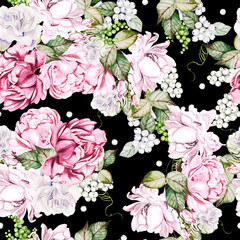 Beautiful watercolor seamless pattern with roses and peony flowers. 