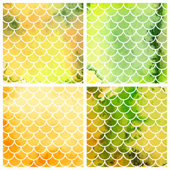 Set of yellow mermaid scales. Fish scales. Underwater sea pattern. Vector illustration. Perfect for print design for textile, poster, greeting card, invitation.