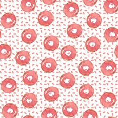 Donuts watercolor seamless pattern on white background. Use for invitations, menus, birthdays.