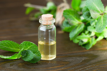 Natural Mint Essential Oil in a Glass Bottle with Fresh Mint Leaves