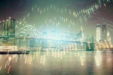 Financial chart on city scape with tall buildings background multi exposure. Analysis concept.