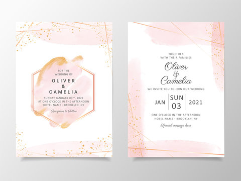 Beautiful creamy watercolor wedding invitation card template set with geometric frame and gold glitter. Abstract background save the date, invitation, greeting card, multi-purpose vector