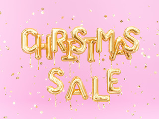 Christmas Sale banner gold text on pink background, golden foil balloons typography, 3d rendering