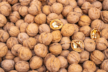 closeup of walnuts on display at the market