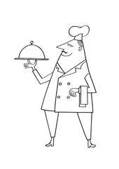 Chef serving the dish. Retro style vector illustration.