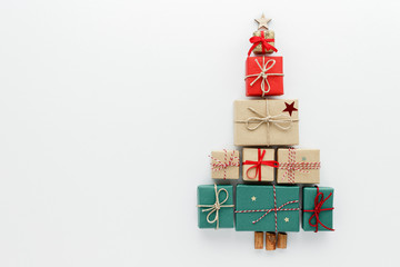 Christmas composition. Gift tree top view background with copy space for your text. Flat lay.