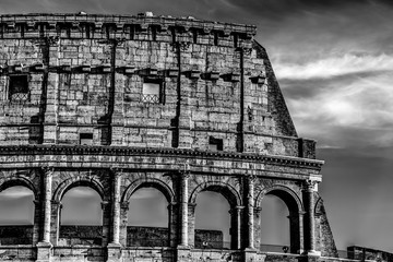 Detail of world famous Coliseum in black and white