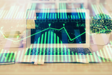 Technology theme drawing and table with computer. Double exposure. Concept of information.