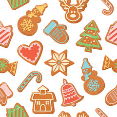 Christmas seamless background. Colorful Gingerbread cookies. Bright traditional pattern for wrapping paper, banners, pajamas. Cute design elements isolated on white. Vector
