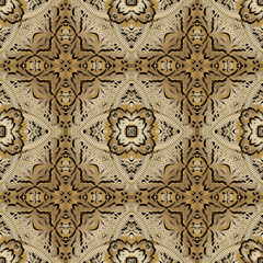 Greek style floral Damask vector seamless pattern. Light brown ornamental modern background. Abstract repeat ethnic backdrop. Vintage baroque style flowers, leaves. Geometric greek key meander design