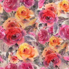 Watercolor floral seamless pattern. Red, yellow, watercolor roses - flowers, twigs, leaves, buds