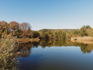 Fototapeta na wymiar Lörrach Grüttpark im Südwesten Baden-Württembergs. Grüttsee im Herbst