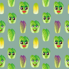 Fototapeta premium Cute seamless pattern with cartoon emoji Chinese cabbage