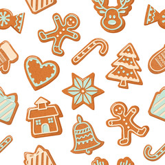 Fototapeta na wymiar Christmas seamless background. Colorful Gingerbread cookies. Traditional pattern for wrapping paper, banners, pajamas. Cute design elements isolated on white. Vector