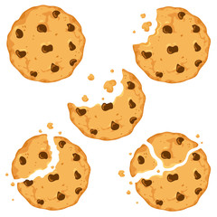Traditional cookies with chocolate crisps. Bitten, broken, cookie crumbs. Vector illustration in cartoon flat style. - obrazy, fototapety, plakaty