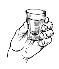 Glass of tequila in hand. Hand drawn illustration converted to vector