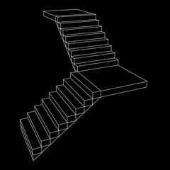 Wireframe stairs, interior staircases steps. Wireframe low poly mesh vector illustration.