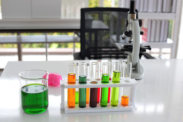 Equipment and science experiments,glass test tubes and flasks with colorful liquid
