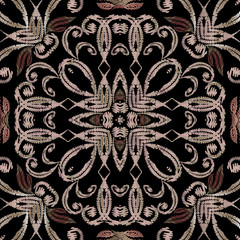 Embroidery ornamental Baroque vector seamless pattern. Colorful floral grunge background. Tapestry wallpaper.  Damask ornate flowers,leaves, hatching baroque ornaments. Embroidered carpet texture