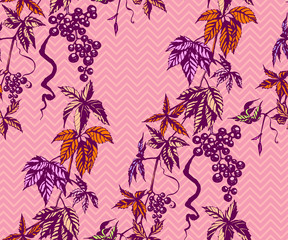 Fototapeta na wymiar Hand drawn vine grapes decorative background. Ethnic seamless pattern ornament. Vector pattern