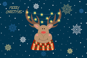 Merry Christmas and Happy New Year! Christmas card. Deer with red scarf  and Christmas garland. Image on a blue background with snowflakes and text.