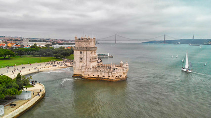 Aerial view of Belem Tower (Torre de Belem), Lisbon, Portugal.
