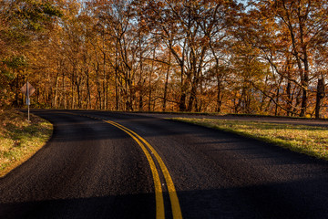 Vibrant colors in Blue Ridge Parkway roads during sunset at the Golden Hour