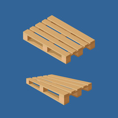 Wooden pallets isolated on blue background. Perspective and isometric. Vector illustration.