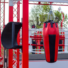 Boxing simulators outdoors. Boxing on the street. Healthy lifestyle.