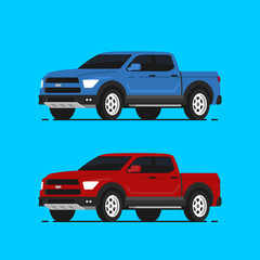Two american pickup vector illustrayion in flat style. Red and blue truck isolated. Auto side view.