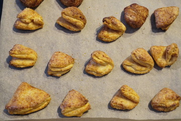 homemade triangular-shaped cottage cheese cookies with sugar and cinnamon. cooking at home, dessert. savory scones. soft and tasty treat for children and adults
