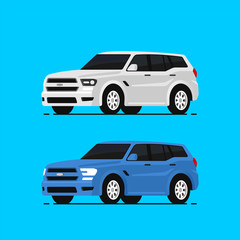 Car suv vector illustrayion in flat style. Auto side view. Blue and white automobile isolated.