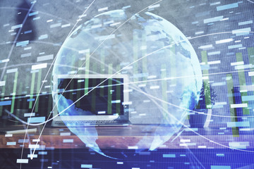 Multi exposure of business theme icons and table with computer background. Concept of success.