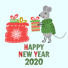 Happy New Year 2020 greeting clipart with symbol of the year mouse in sweater holding gift box. Holiday cartoon vector illustration. Colorful funny hand drawn template.
