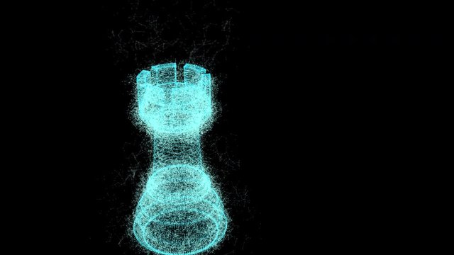 King rook chess piece abstract on black screen background. 3D illustration wireframe futuristics.  Strategic innovative digital technology concept. 4K motion video footage