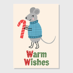 Christmas and New Year greeting clipart with happy mouse in sweater, candy and Warm Wishes lettering sign. Holiday cartoon vector illustration. Colorful funny hand drawn template.