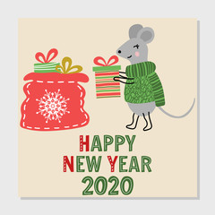 Happy New Year 2020 greeting card with symbol of the year mouse in sweater holding gift box. Holiday cartoon vector illustration. Colorful funny hand drawn template.
