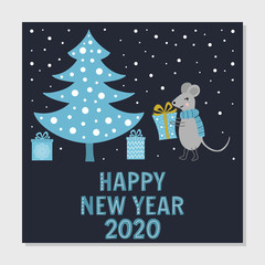 Happy New Year 2020 greeting card with symbol of the year mouse holding gift box. Holiday cartoon vector illustration on dark blue background. Colorful funny hand drawn postcard template.