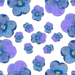 Floral seamless pattern. Hand drawn pansies and violet flowers. Classic blue graphic botany. Wedding design. Spring and summer. For postcards, textile, scrapbooking, wallpaper and wrapping paper