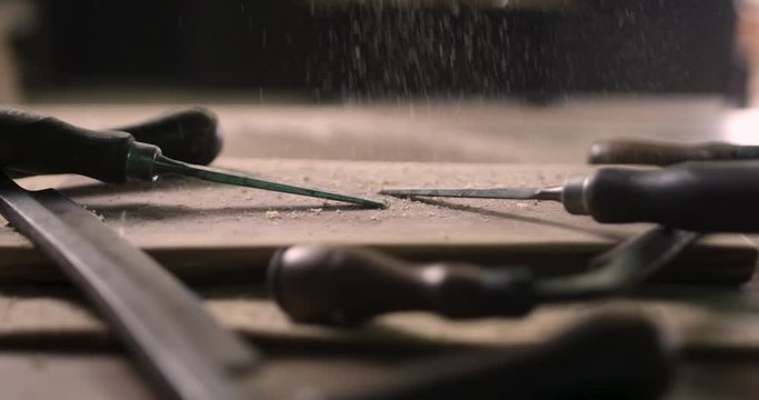 Woodworker's Hand Tools For Wood Carving, Shaping And Trimming For Wood Art In A Wood Working Studio In Ontario, Canada - Close Up Shot 4k 24p